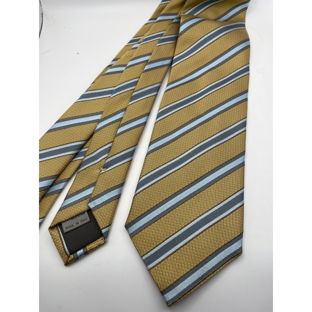 Canali Mens Silk Tie Gold Light Blue Grey Diagonal Striped Made in Italy 3.75"